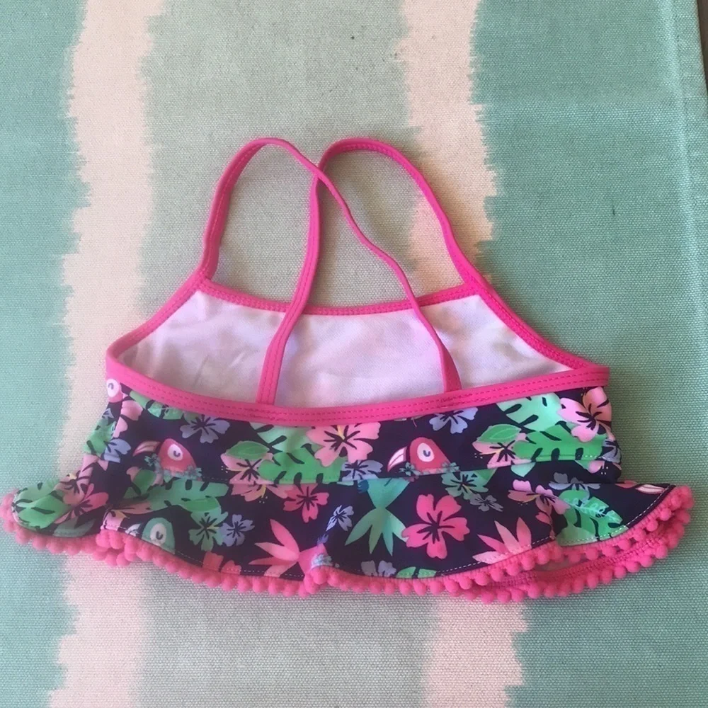 Viv & Lou Floral Ruffle Bikini Swimsuit Pom Pom Trim Small